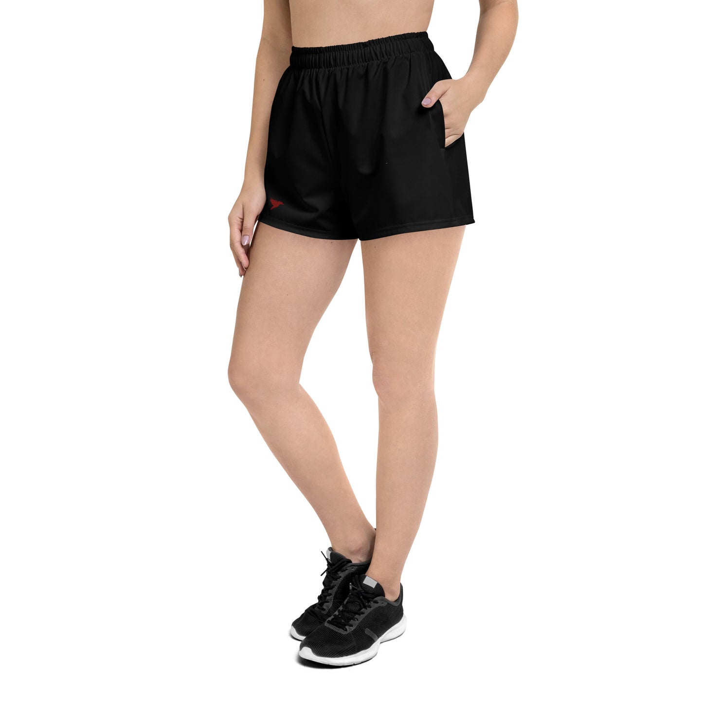 Womens Recycled Athletic Shorts - Black with Dark Red kookaburra logo