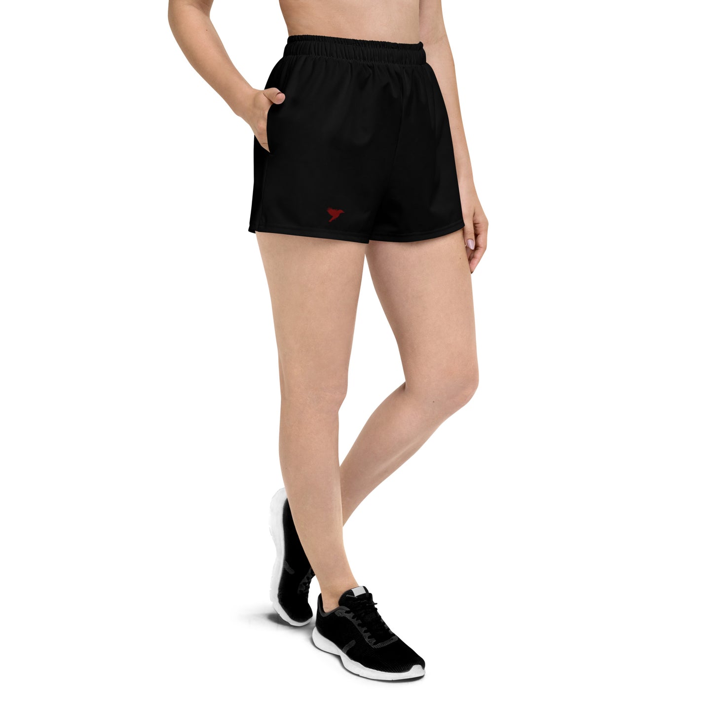 Womens Recycled Athletic Shorts - Black with Dark Red kookaburra logo