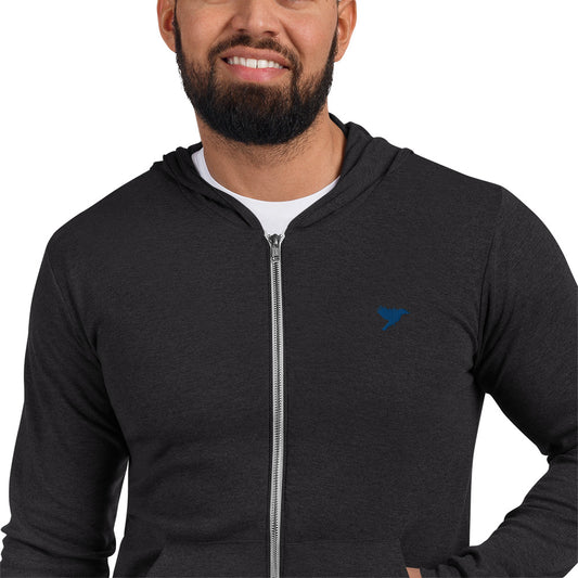 Mens Lightweight zip hoodie - Black with blue kookaburra logo