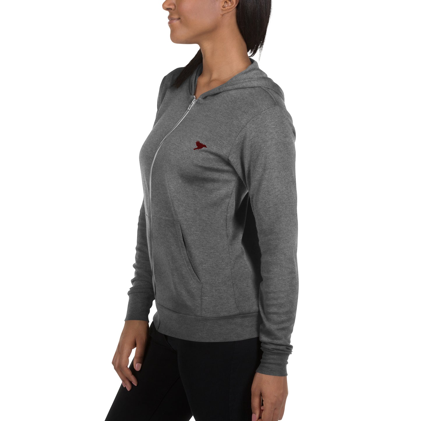 Womens Lightweight zip hoodie - Grey with dark red kookaburra logo