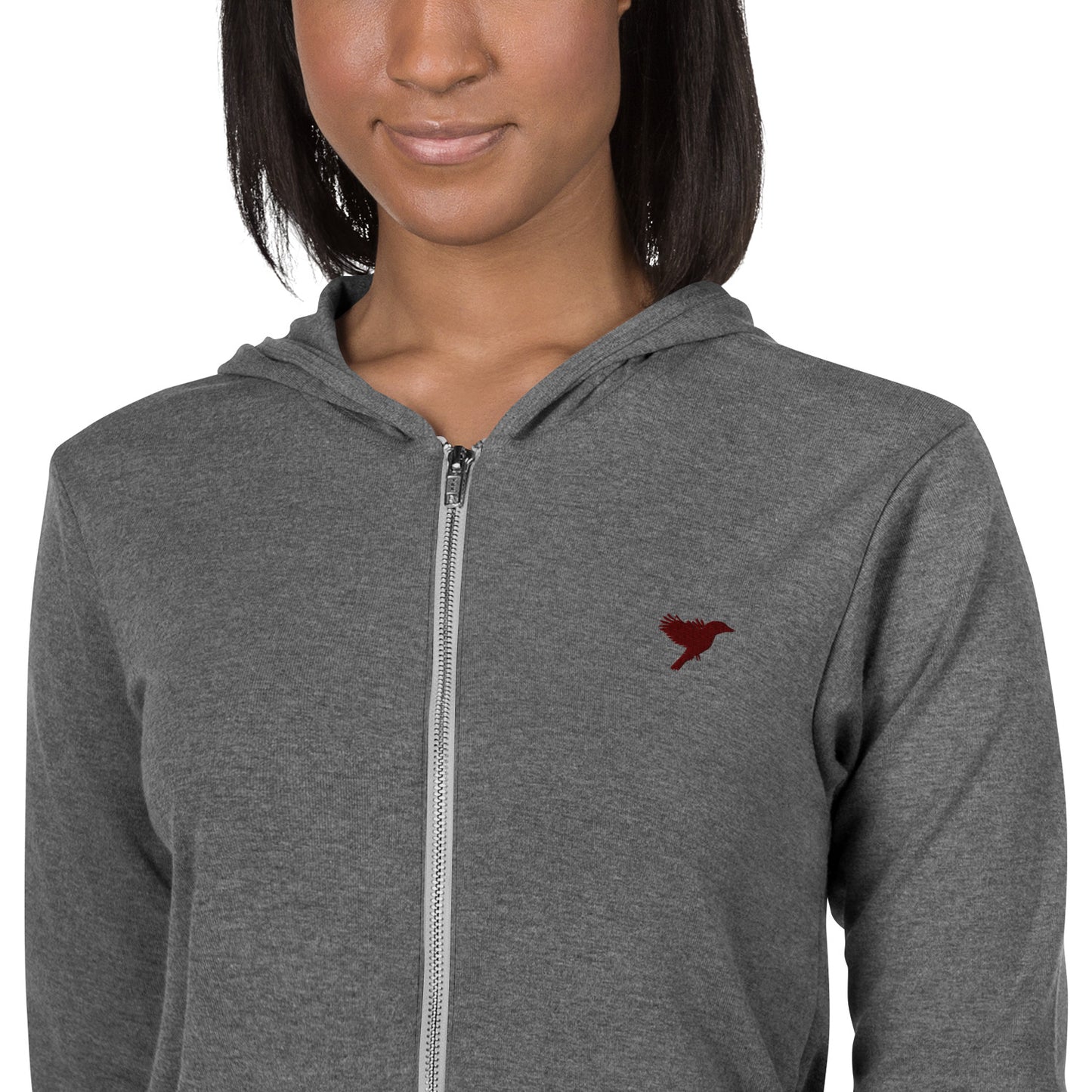 Womens Lightweight zip hoodie - Grey with dark red kookaburra logo