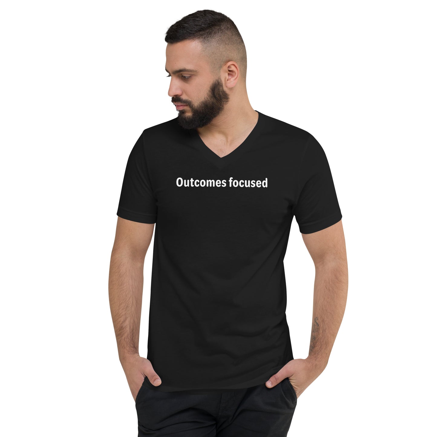 Outcomes focused - White Text - Mens V-Neck T-Shirt