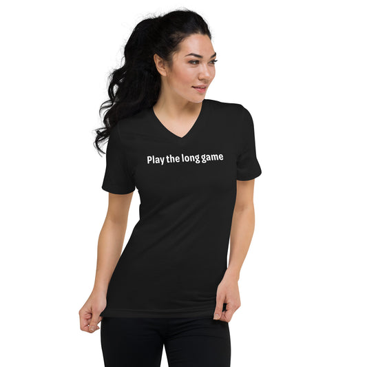 Play the long game - White text - Womens V-Neck T-Shirt