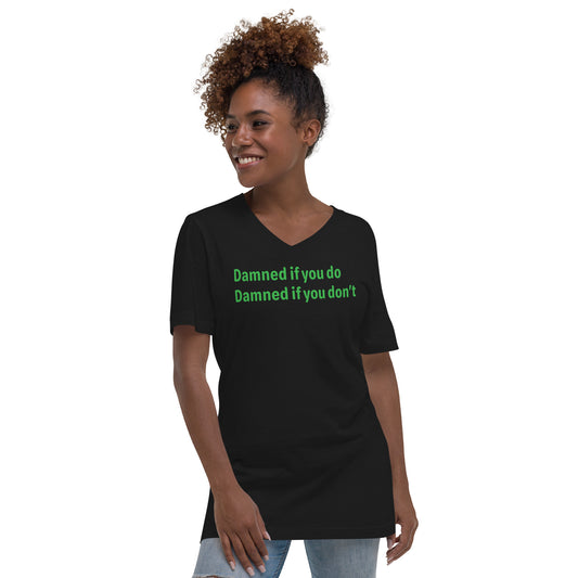 Damned - Green text - Womens V-Neck T-Shirt