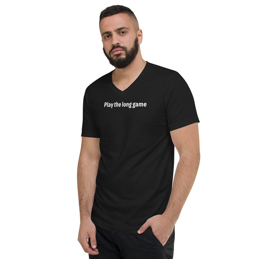 Play the long game - White Text - Mens V-Neck T-Shirt