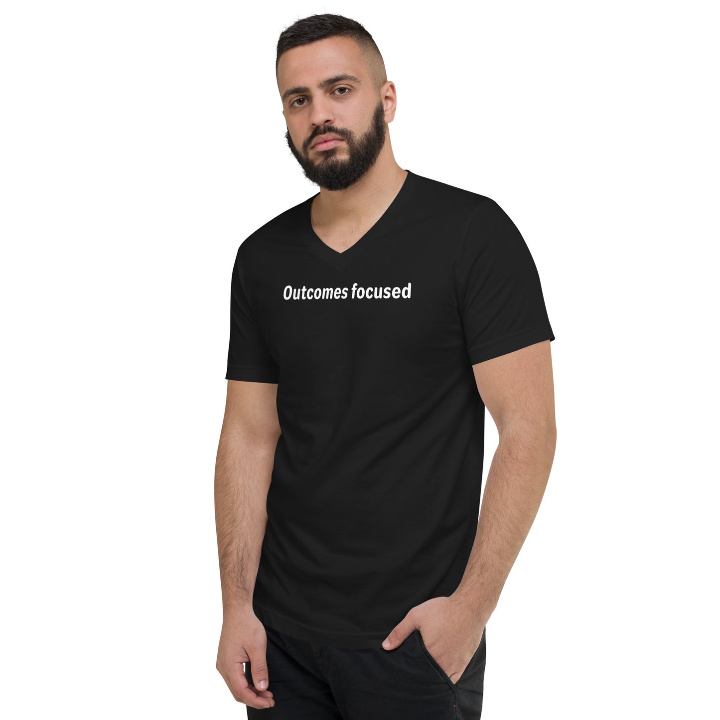 Outcomes focused - White Text - Mens V-Neck T-Shirt