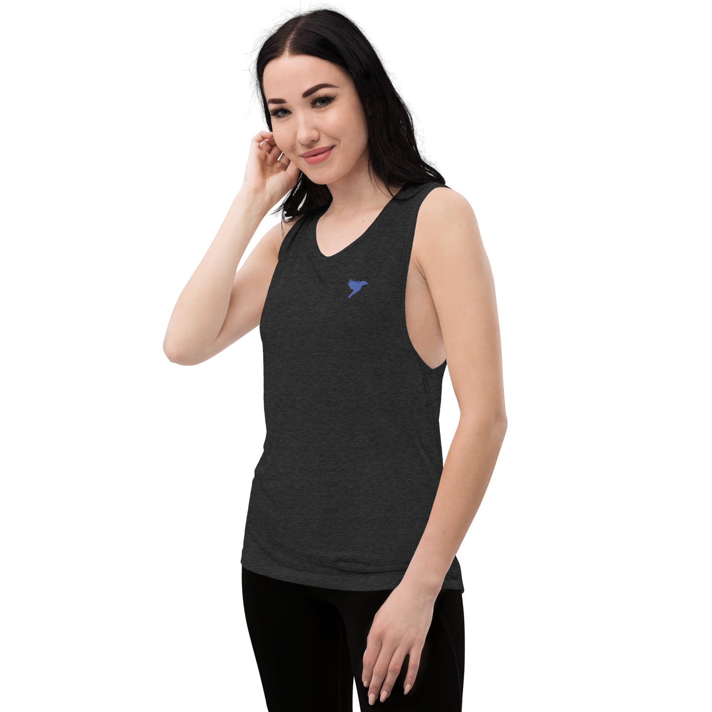 Womens Muscle Tank - Black with blue kookaburra logo