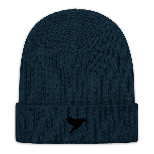 Ribbed knit beanie - Navy blue with black kookaburra logo