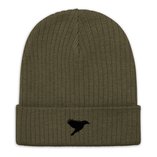 Ribbed knit beanie - Olive with Black kookaburra logo